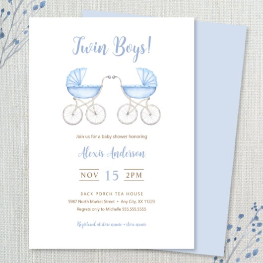 Boy Twins with blue Carriages Baby Shower Kaart