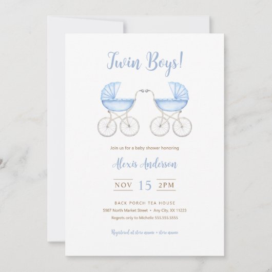Boy Twins with blue Carriages Baby Shower Kaart (Voorkant)
