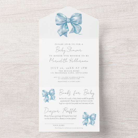 Boy Waterverf Ribbon Blue Bow Baby shower All In One Uitnodiging (Binnen)