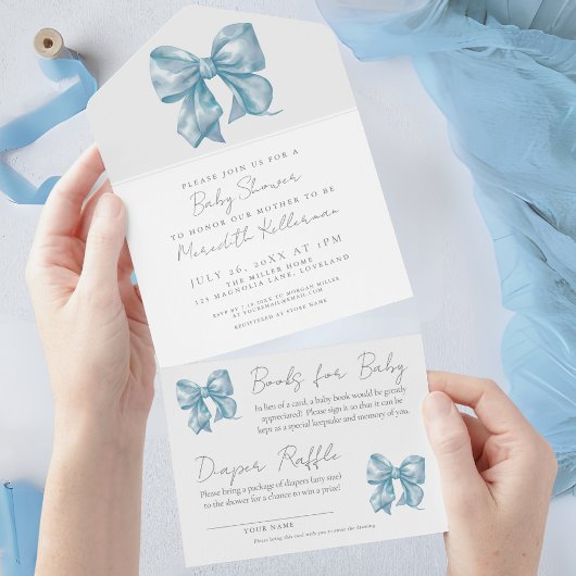 Boy Waterverf Ribbon Blue Bow Baby shower All In One Uitnodiging