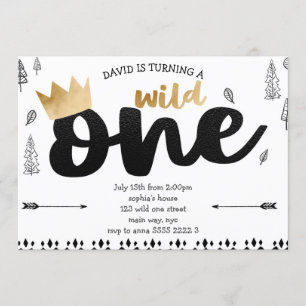 Boy WILD ONE Gold Crown King Enic First Birthday Kaart
