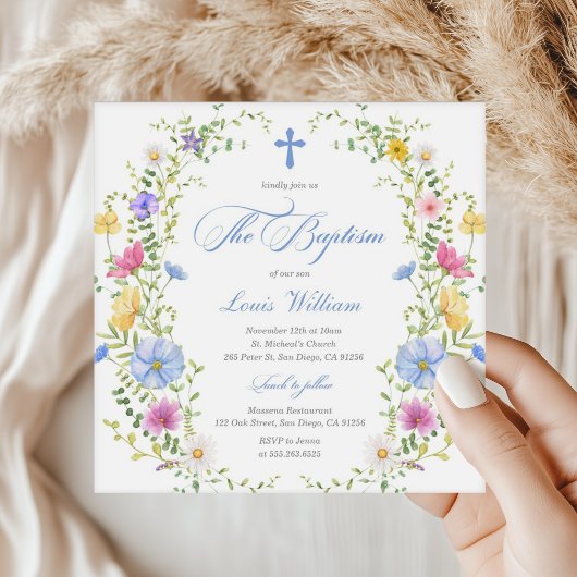 Boy Wildflower Watercolor Baptism Invitation Kaart