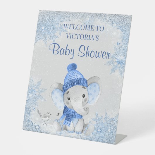 Boy Winter Elephant Baby shower Welkom Sign. Reclamebord Met Voetstuk (Voorkant)