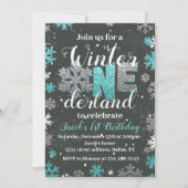 Boy Winter Onederland Birthday Invitation Silver Kaart (Voorkant)