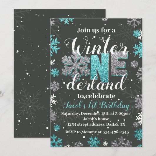 Boy Winter Onederland Birthday Invitation Silver Kaart (Voorkant / Achterkant)