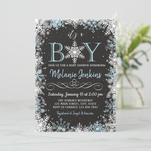 Boy Winter Snowflake Baby shower Uitnodiging (Staand voorkant)