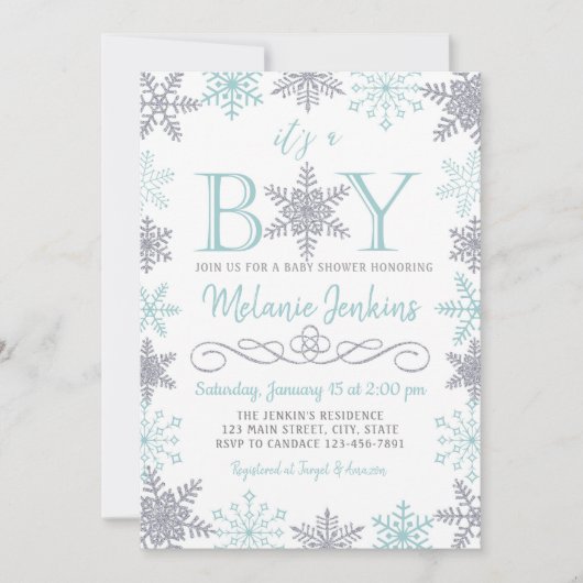 Boy Winter Snowflake Baby shower Uitnodiging (Voorkant)