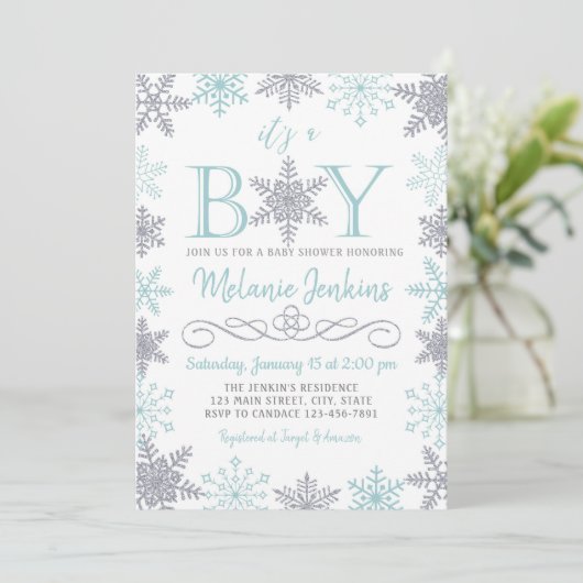 Boy Winter Snowflake Baby shower Uitnodiging (Staand voorkant)