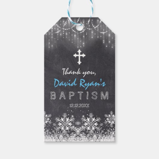Boy Winter String Lights Snowflakes Chalk Baptism Cadeaulabel (Voorkant)