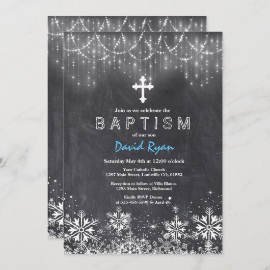 Boy Winter String Lights Snowflakes Chalk Baptism Kaart (Voorkant / Achterkant)