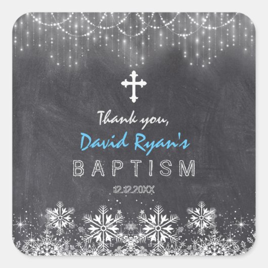 Boy Winter String Lights Snowflakes Chalk Baptism Vierkante Sticker (Voorkant)