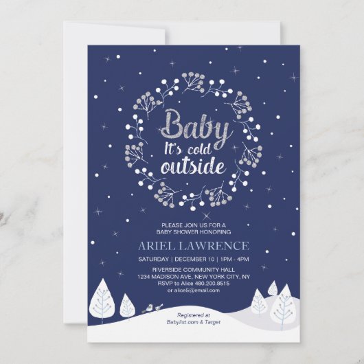 Boy Winter Wonderland Baby shower, marine & Silver Kaart (Voorkant)