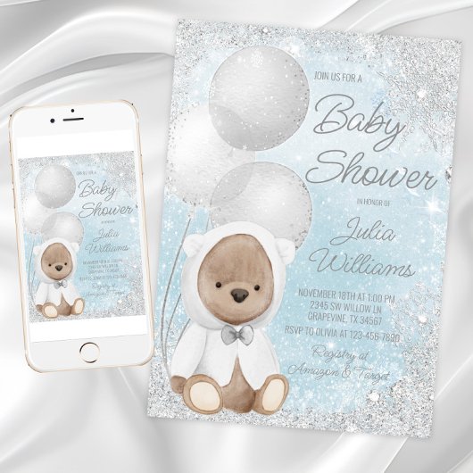 Boy Winter Wonderland Teddy Bear Baby shower Kaart