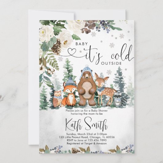 Boy Winter Woodland Baby shower Invitation Kaart (Voorkant)