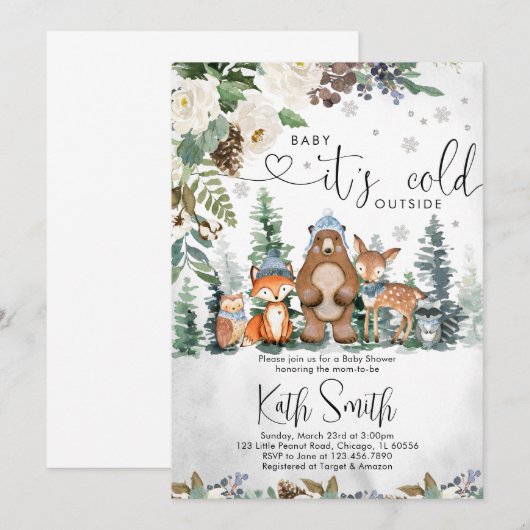 Boy Winter Woodland Baby shower Invitation Kaart (Voorkant / Achterkant)