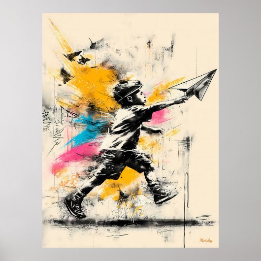 Boy with Paper Plane – Street Art Graffiti Poster (Voorkant)