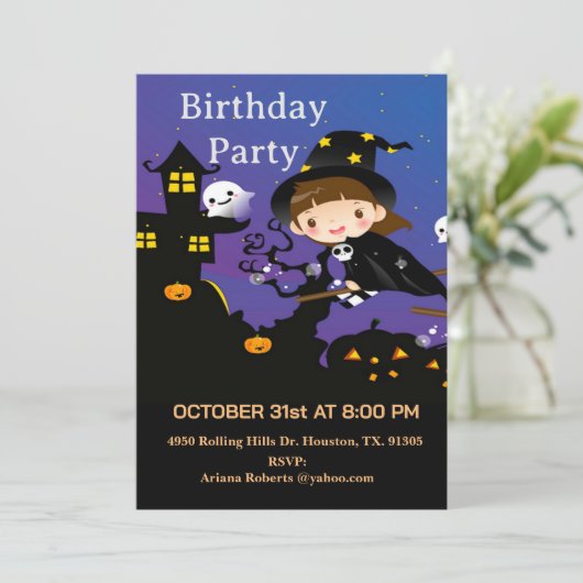 Boy Wizard op bezem Halloween Verjaardagsfeest Kaart (Staand voorkant)