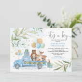 Boy Woodland Animal Blue Gold Greenery Baby shower Kaart (Staand voorkant)