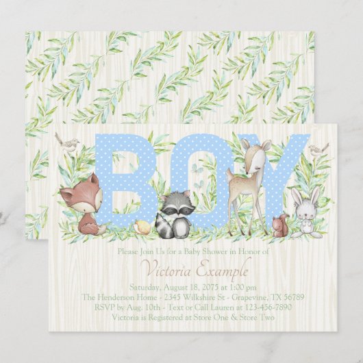 Boy Woodland Baby Animal Baby shower Kaart (Voorkant / Achterkant)