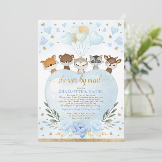 Boy Woodland Baby shower per post Blue Gold Hearts Kaart (Staand voorkant)