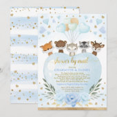 Boy Woodland Baby shower per post Blue Gold Hearts Kaart (Voorkant / Achterkant)