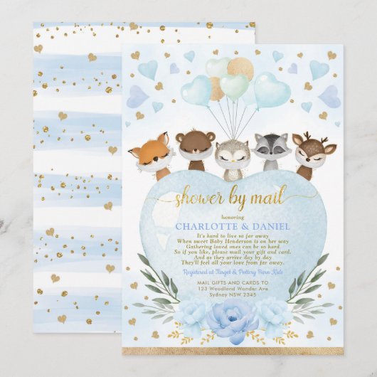 Boy Woodland Baby shower per post Blue Gold Hearts Kaart (Voorkant / Achterkant)