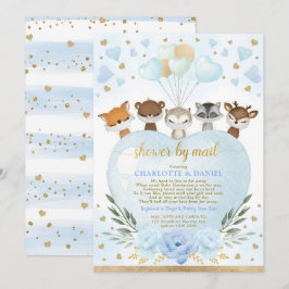 Boy Woodland Baby shower per post Blue Gold Hearts Kaart