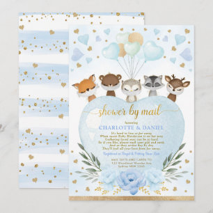 Boy Woodland Baby shower per post Blue Gold Hearts Kaart