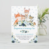 Boy Woodland Forest Navy Blue Floral 1e verjaardag Kaart (Staand voorkant)