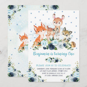 Boy Woodland Forest Navy Blue Floral 1e verjaardag Kaart