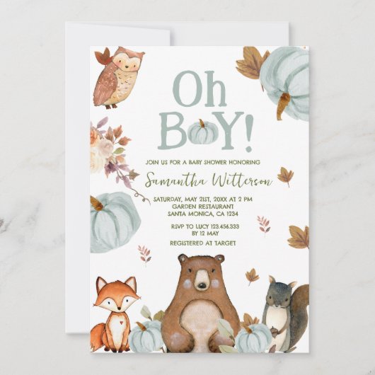 Boy Woodland Pumpkin Animals Baby shower Kaart (Voorkant)