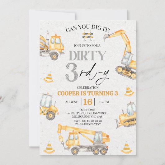 Boy Yellow Grey Construction Dirty 3rd-y Birthday  Kaart (Voorkant)