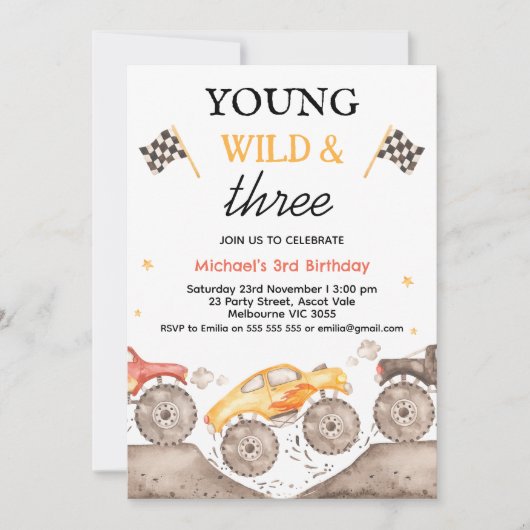 Boy Yellow Monster Truck Young Wild Drie Verjaarda Kaart (Voorkant)