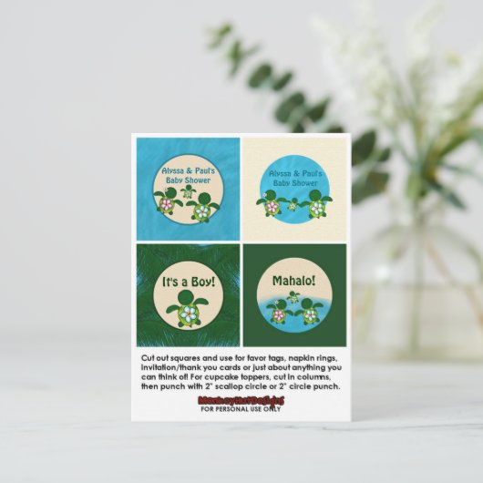 BOY Zee SCHILDPAD Baby shower Honu Cupcake Topper Uitnodiging Briefkaart (Staand voorkant)