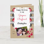 Boyfriend happy birthday red grey foto rustic kaart<br><div class="desc">Happy Birthday to my Gorgeous Boyfriend.
Foto van greeting card for him.
Tell your boyfriend he is amazing and you love him.
Grey,  red and black,  met twee foto's,  front and inside left.
*Kraft graphic effect background.
Real Kraft Card is not used</div>