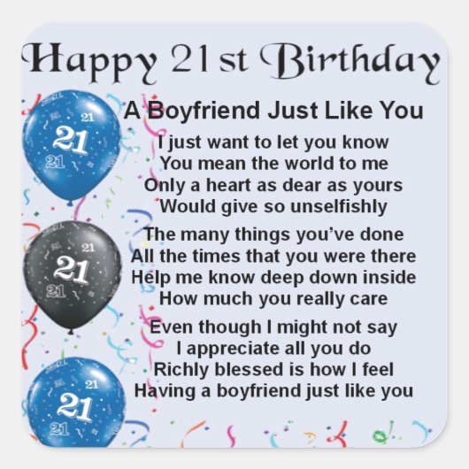 Boyfriend Poem - 21e verjaardag Vierkante Sticker (Voorkant)