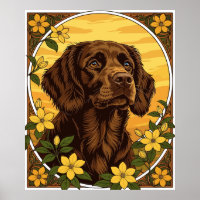 Boykin Spaniel en gele jasmijn bloemen