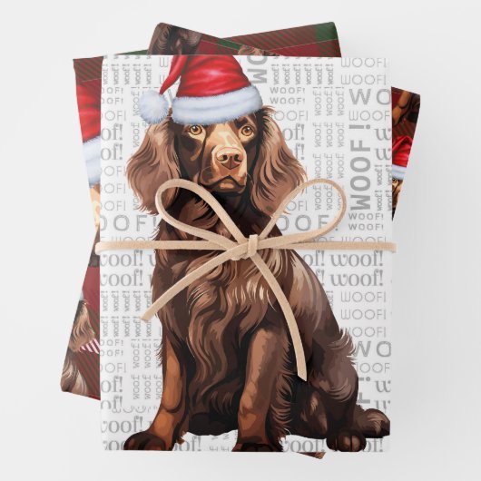 Boykin Spaniel Kersthond Deep Red Plaid Inpakpapier Vel (In situ)