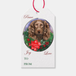 Boykin Spaniel met kerstcadeaus Cadeaulabel