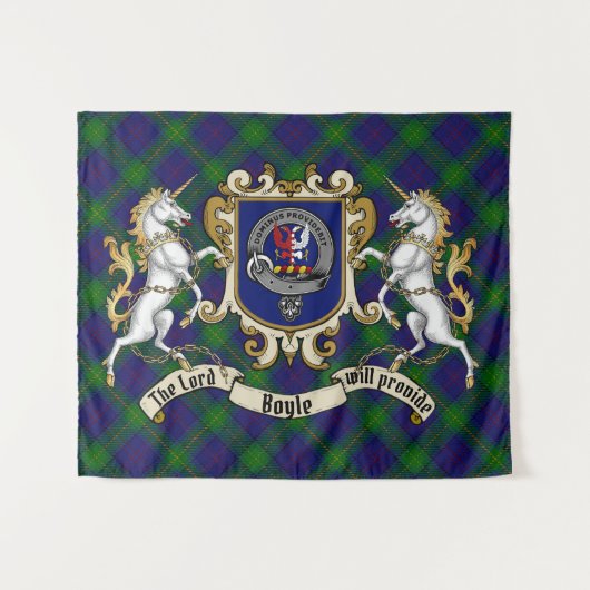 Boyle Clan Badge & Unicorns met Tartan Wandkleed (Voorkant (horizontaal))