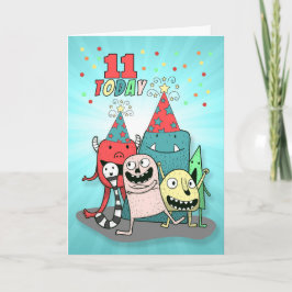 Boys 11th Birthday Red and Blue Cartoon Monsters Kaart