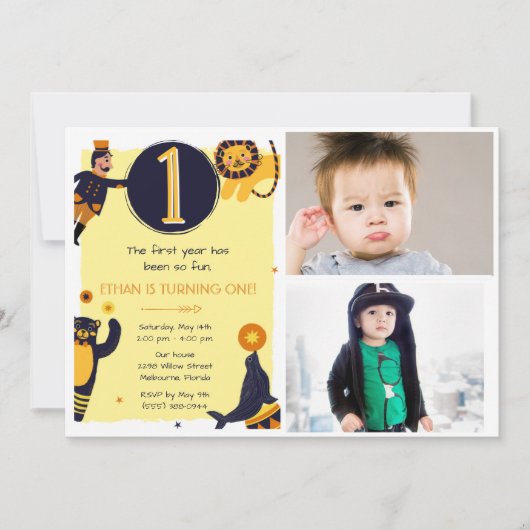 Boys 1st Birthday Circus Photo Party Invitation Kaart (Voorkant)