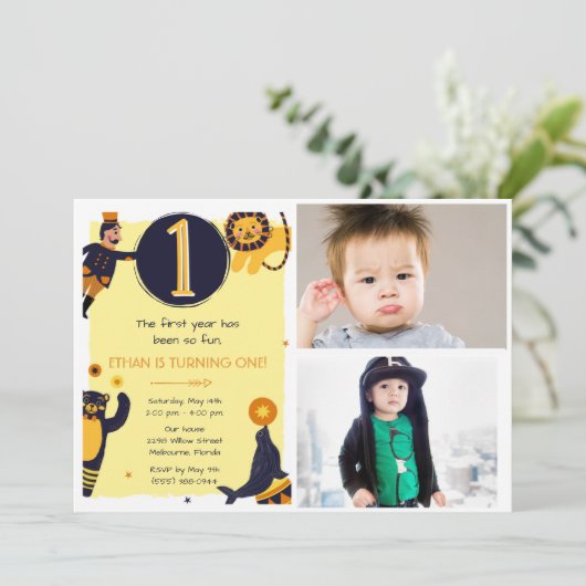 Boys 1st Birthday Circus Photo Party Invitation Kaart (Staand voorkant)