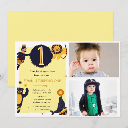Boys 1st Birthday Circus Photo Party Invitation Kaart (Voorkant / Achterkant)