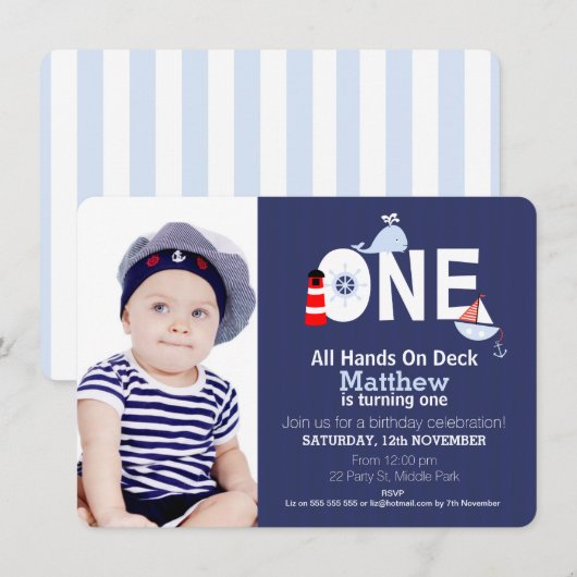 Boys 1st Birthday Nautical Invitation Kaart (Voorkant / Achterkant)