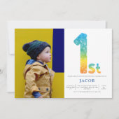 Boys 1st Birthday Oranje Yellow Blue Photo Kaart (Voorkant)