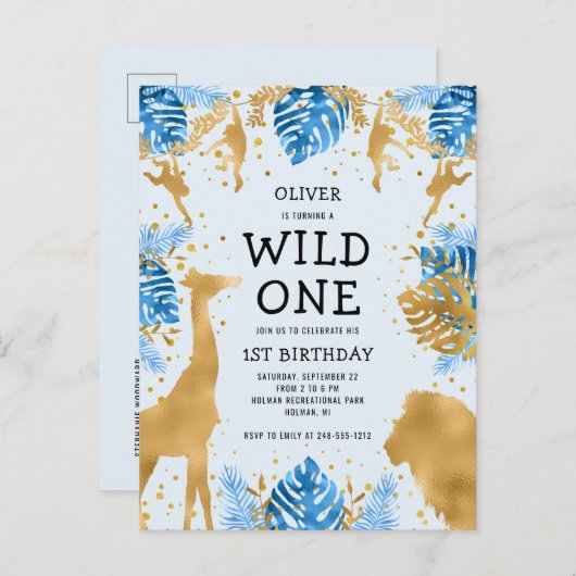 Boys 1st verjaardag Oerwoud Safari Uitnodiging Briefkaart (Voorkant / Achterkant)