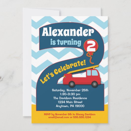 Boys 2nd Birthday Invitation Fire Truck Kaart (Voorkant)
