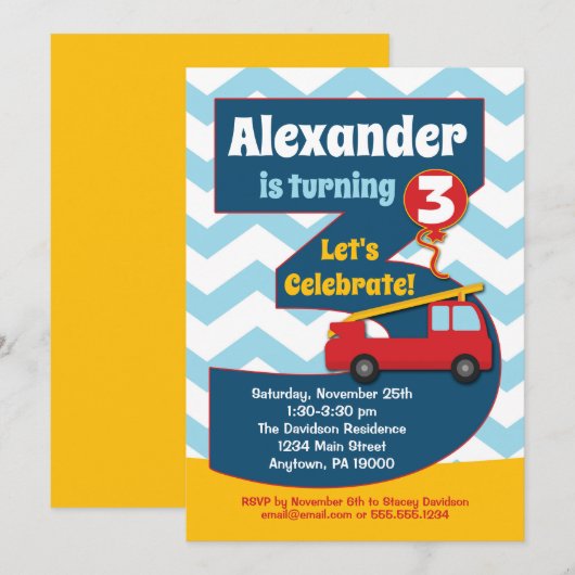 Boys 3rd Birthday Invitation Fire Truck Kaart (Voorkant / Achterkant)