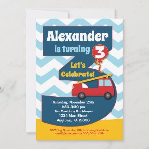 Boys 3rd Birthday Invitation Fire Truck Kaart